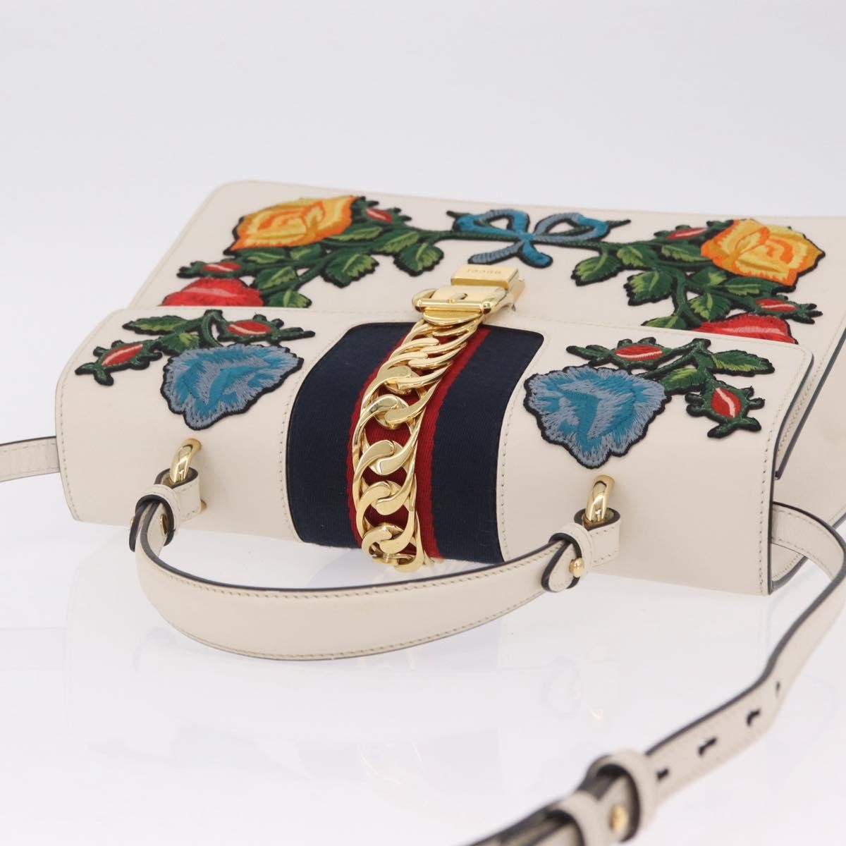 Gucci Sylvie Top Handle Embroidered Leather, White, Leather, Handbag