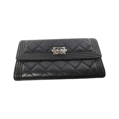 Chanel Boy Flap Quilted Lambskin, Black, Leather, Wallet