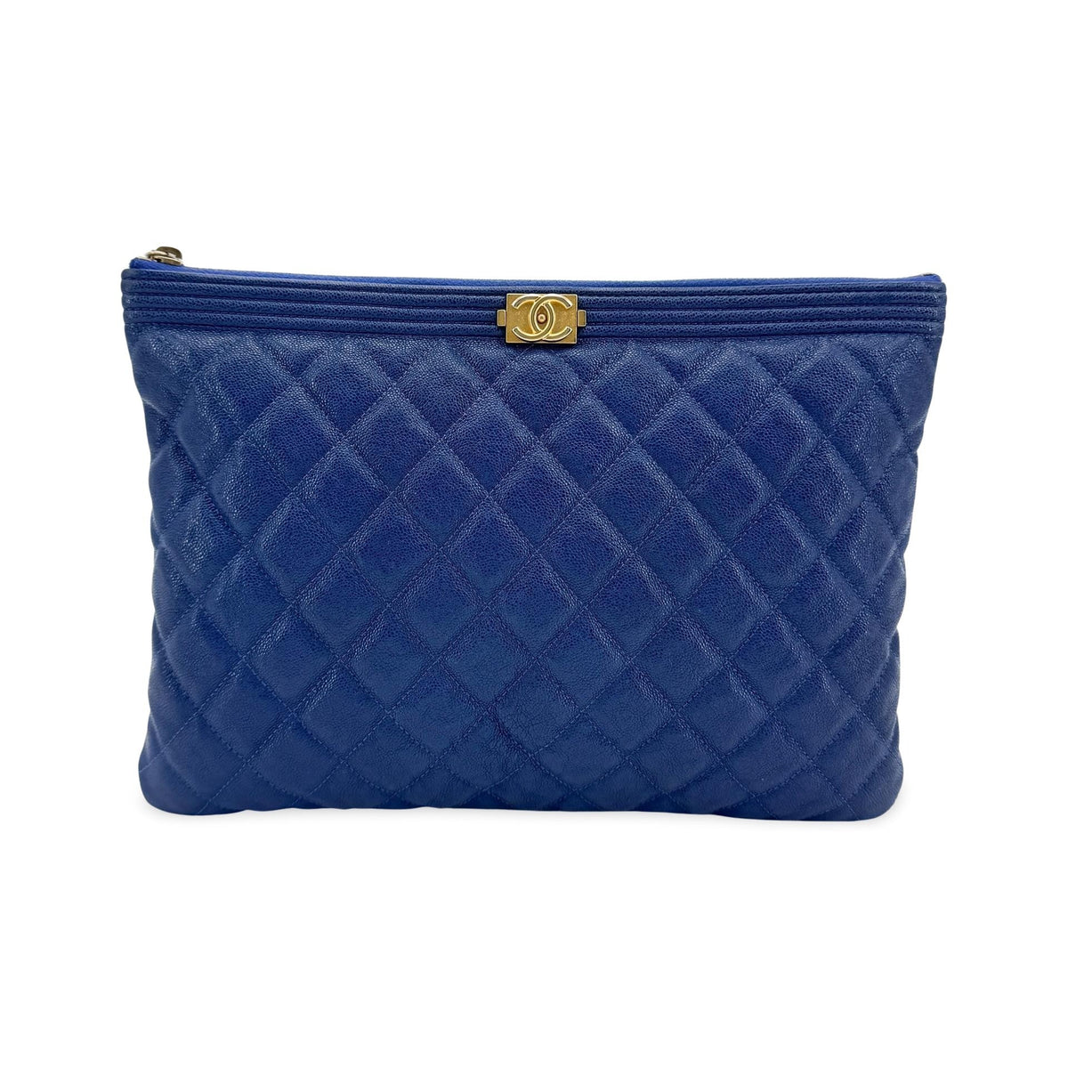Chanel Boy O Case Clutch Quilted Caviar, Blue, Leather, Clutch