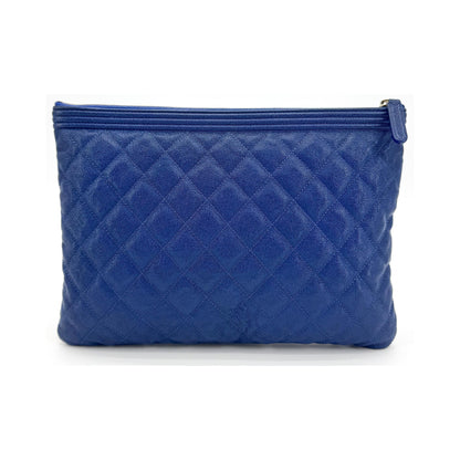 Chanel Boy O Case Clutch Quilted Caviar, Blue, Leather, Clutch