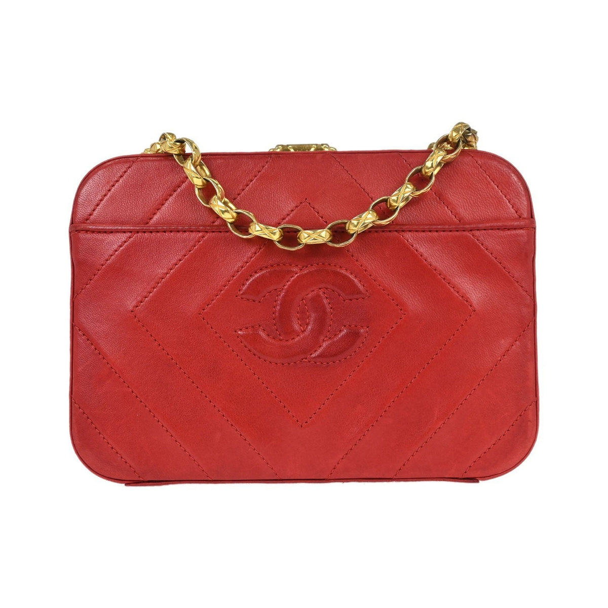Chanel Camera Chevron Lambskin, Red, Leather, Handbag