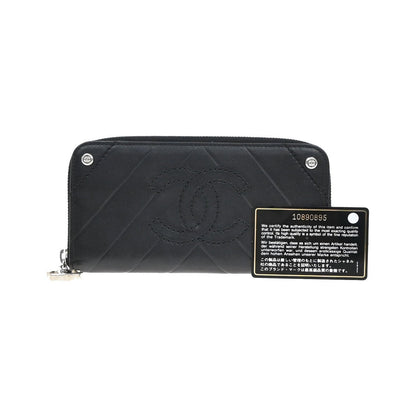 Chanel CC Charm Zip Around Quilted Lambskin, Black, Leather, Wallet