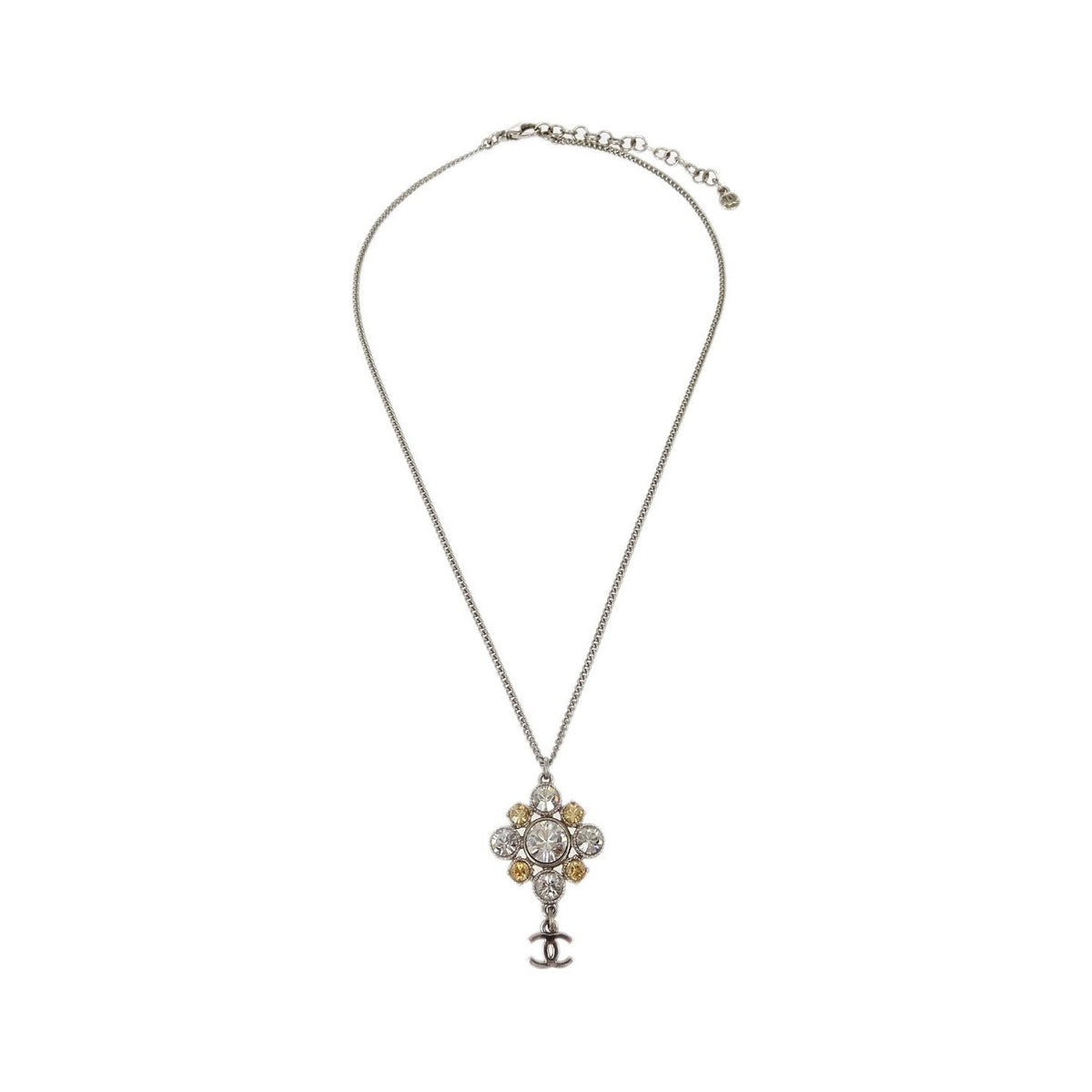 Chanel CC Cluster Drop Pendant Metal with Crystals, Silver, Silver Plated, Necklace