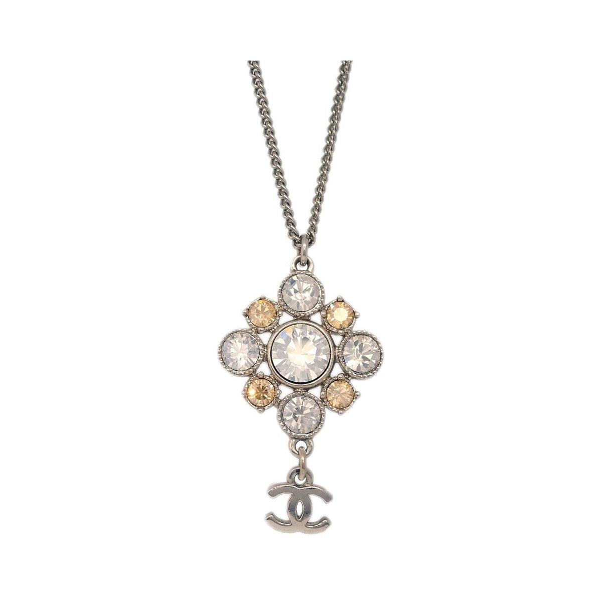 Chanel CC Cluster Drop Pendant Metal with Crystals, Silver, Silver Plated, Necklace