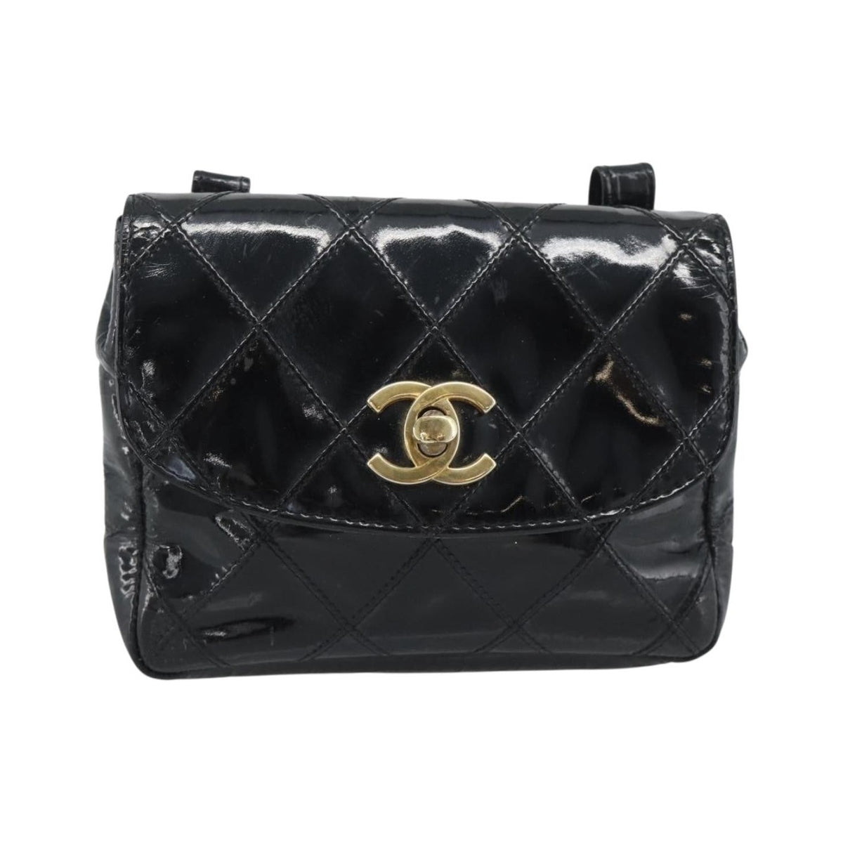 Chanel CC Flap Belt Quilted Lambskin, Black, Patent Leather, Clutch