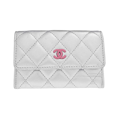 Chanel CC Flap Card Case Quilted Lambskin, Silver, Leather, Card Holder