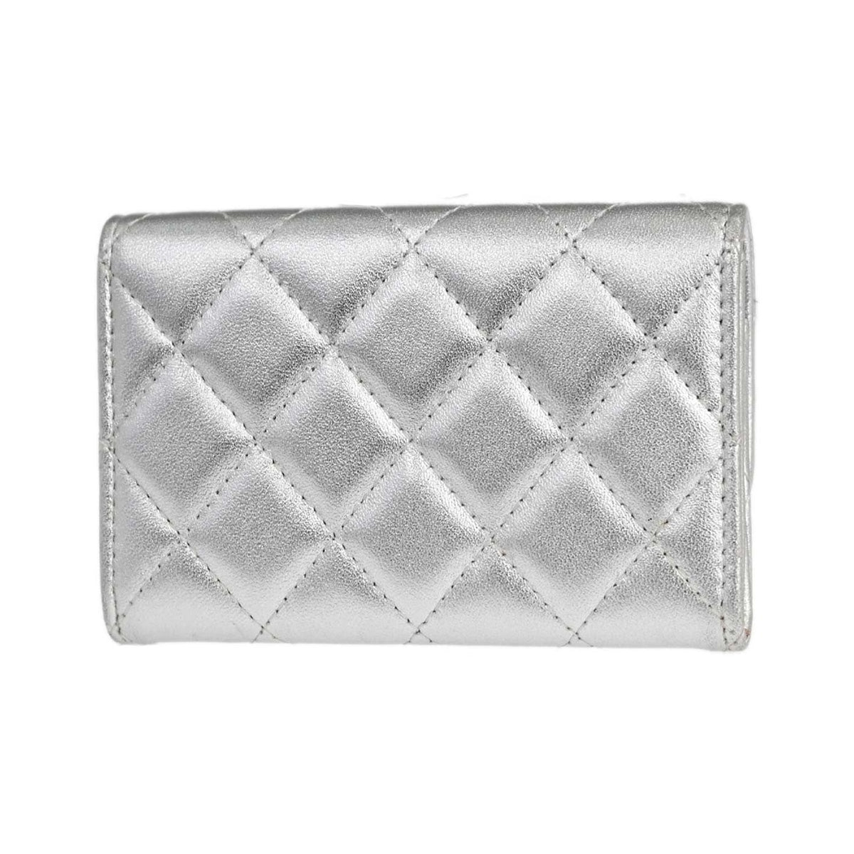Chanel CC Flap Card Case Quilted Lambskin, Silver, Leather, Card Holder