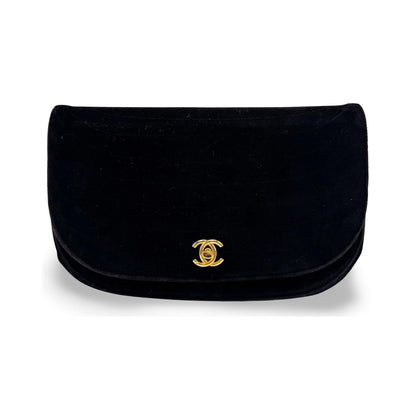 Chanel CC Half Moon Clutch Quilted Velvet, Black, Velvet, Clutch