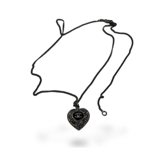 Chanel CC Heart Pendant Metal and Crystal Embellished Resin, Silver, Silver, Necklace