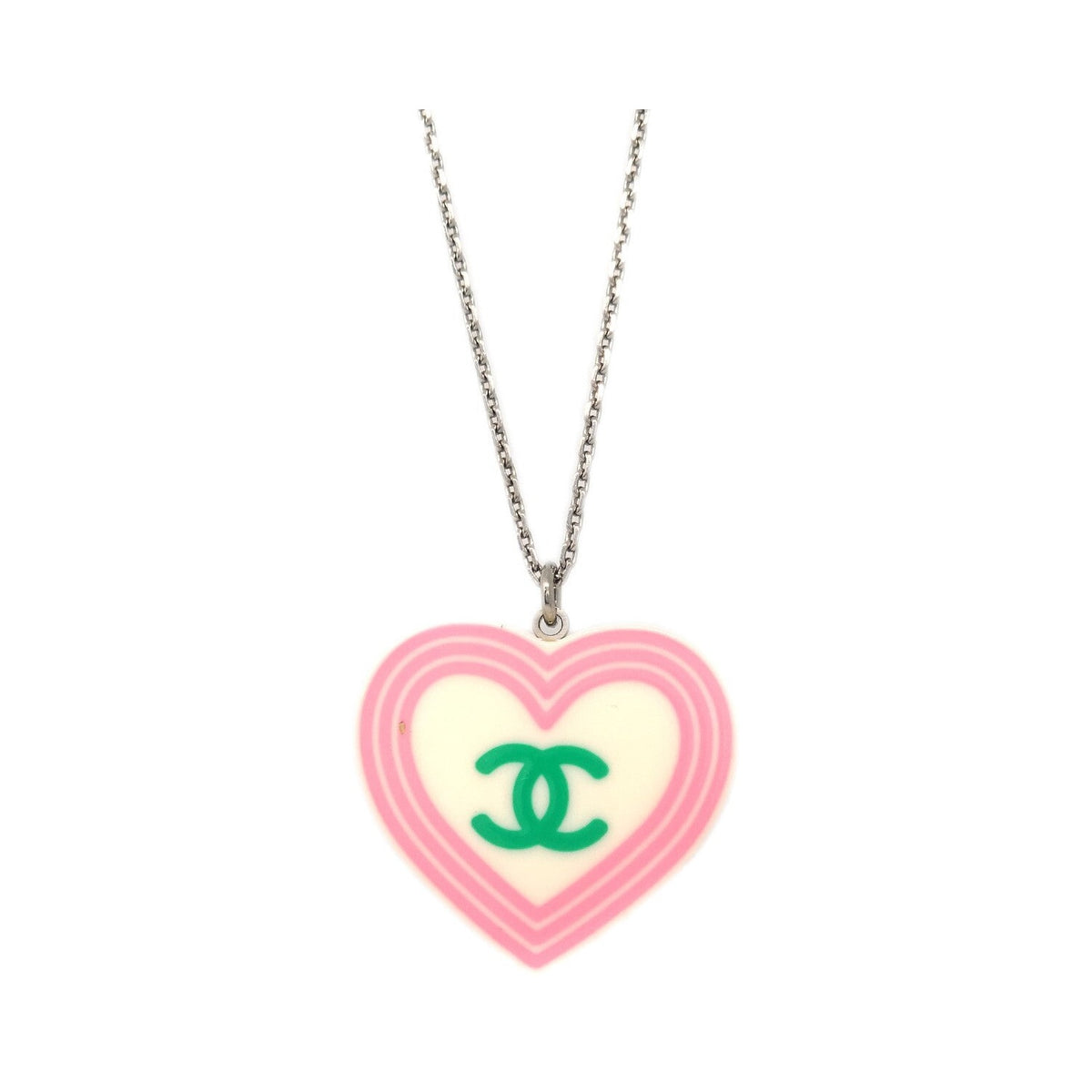 Chanel CC Heart Pendant Metal and Enamel, Silver, Silver Plated, Necklace