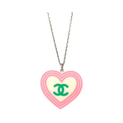 Chanel CC Heart Pendant Metal and Enamel, Silver, Silver Plated, Necklace