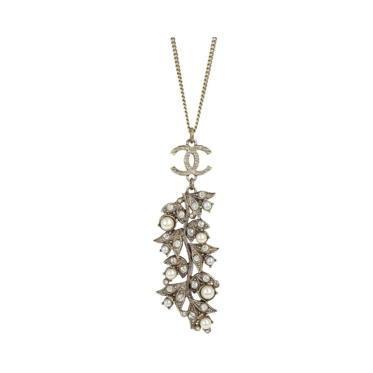 Chanel CC Leaf Cluster Pendant Metal with Crystals, Gold, Gold Plated, Necklace