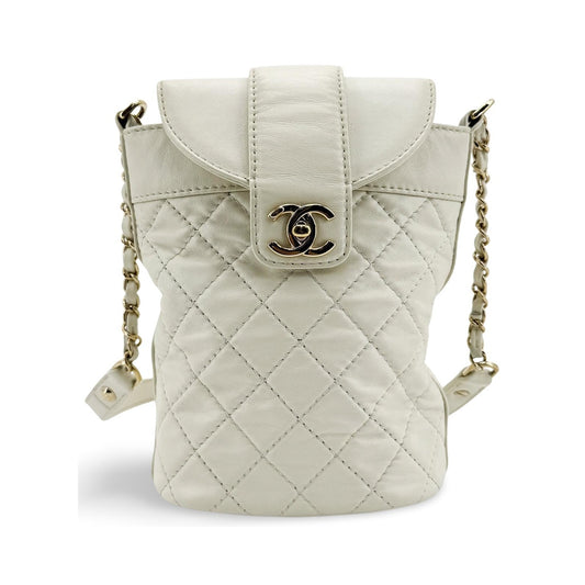 Chanel CC Lock Flap Bucket Quilted Lambskin, White, Leather, Shoulder Bag