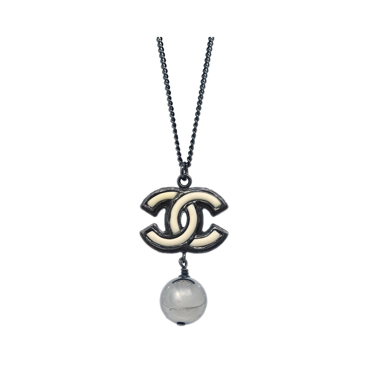 Chanel CC Pearl Drop Metal with Pearls, Black, Metal, Necklace