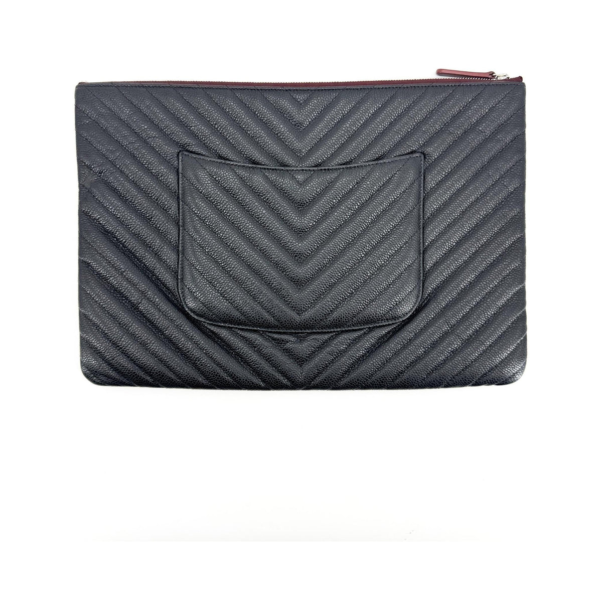 Chanel Charm O Case Chevron Lambskin, Black, Leather, Clutch