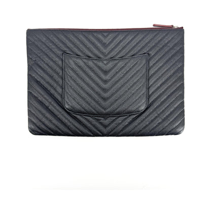 Chanel Charm O Case Chevron Lambskin, Black, Leather, Clutch