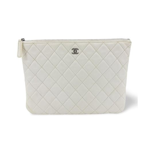 Chanel Classic O Case Quilted Caviar, White, Leather, Clutch