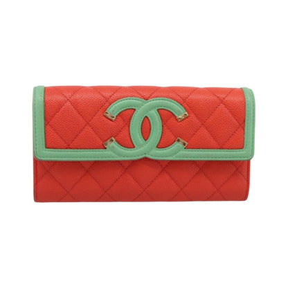 Chanel Filigree Flap Quilted Caviar, Red, Leather, Wallet
