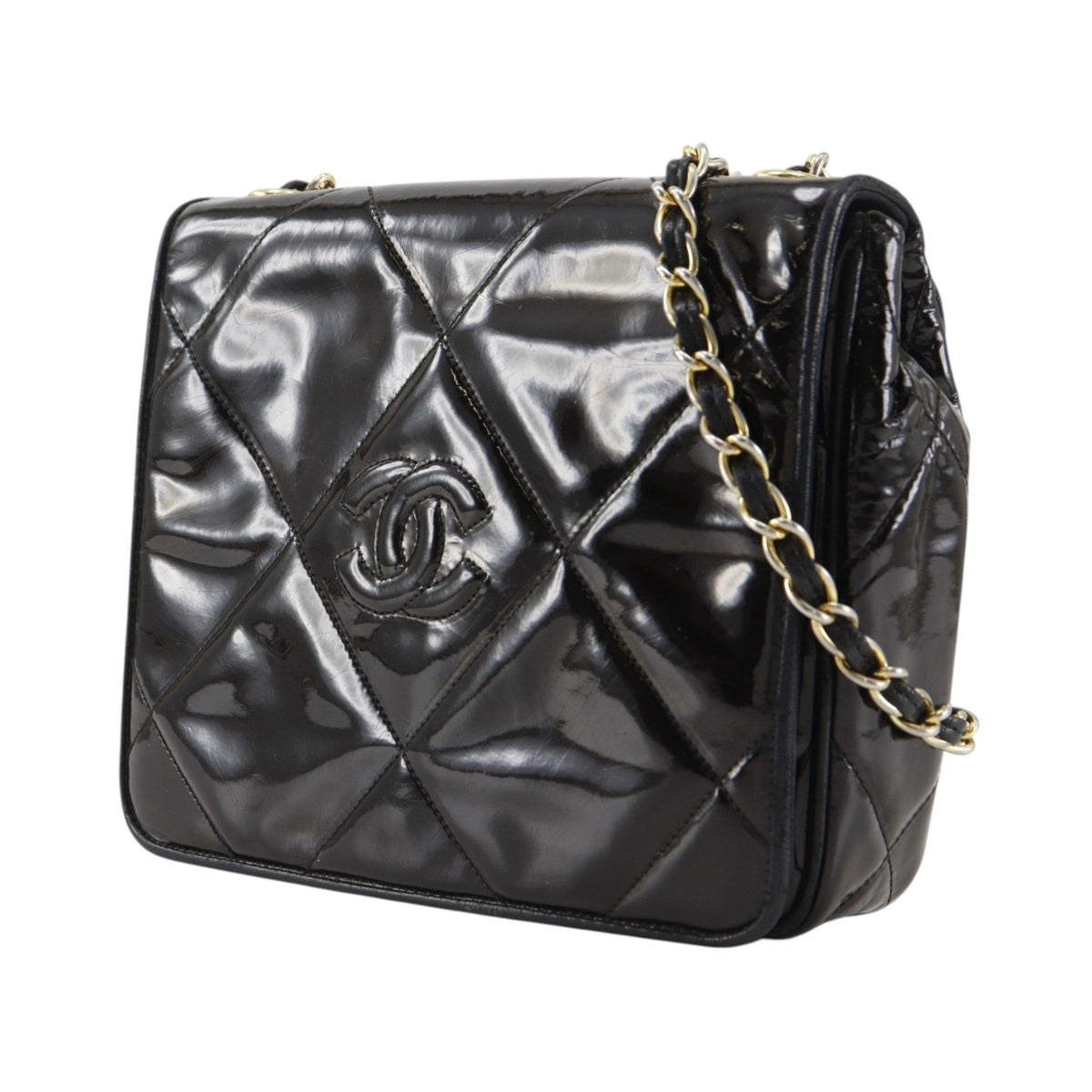 Chanel Flap Shoulder Leather, Black, Patent Leather, Shoulder Bag