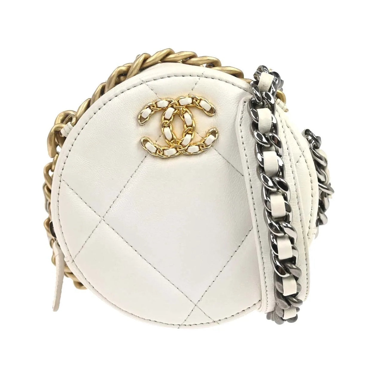 Chanel Round Clutch with Chain Quilted Lambskin, White, Leather, Clutch