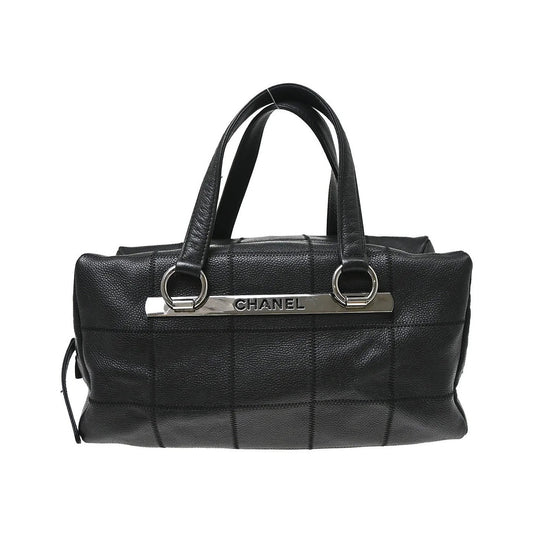 Chanel Square Stitch CC Boston Quilted Caviar, Black, Leather, Handbag