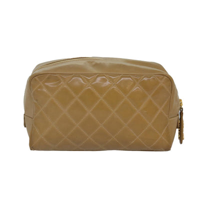 Chanel Square Stitch Toiletry Lambskin, Beige, Leather, Clutch