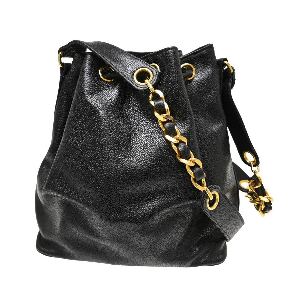 Chanel Vintage CC Drawstring Chain Leather, Black, Leather, Shoulder Bag