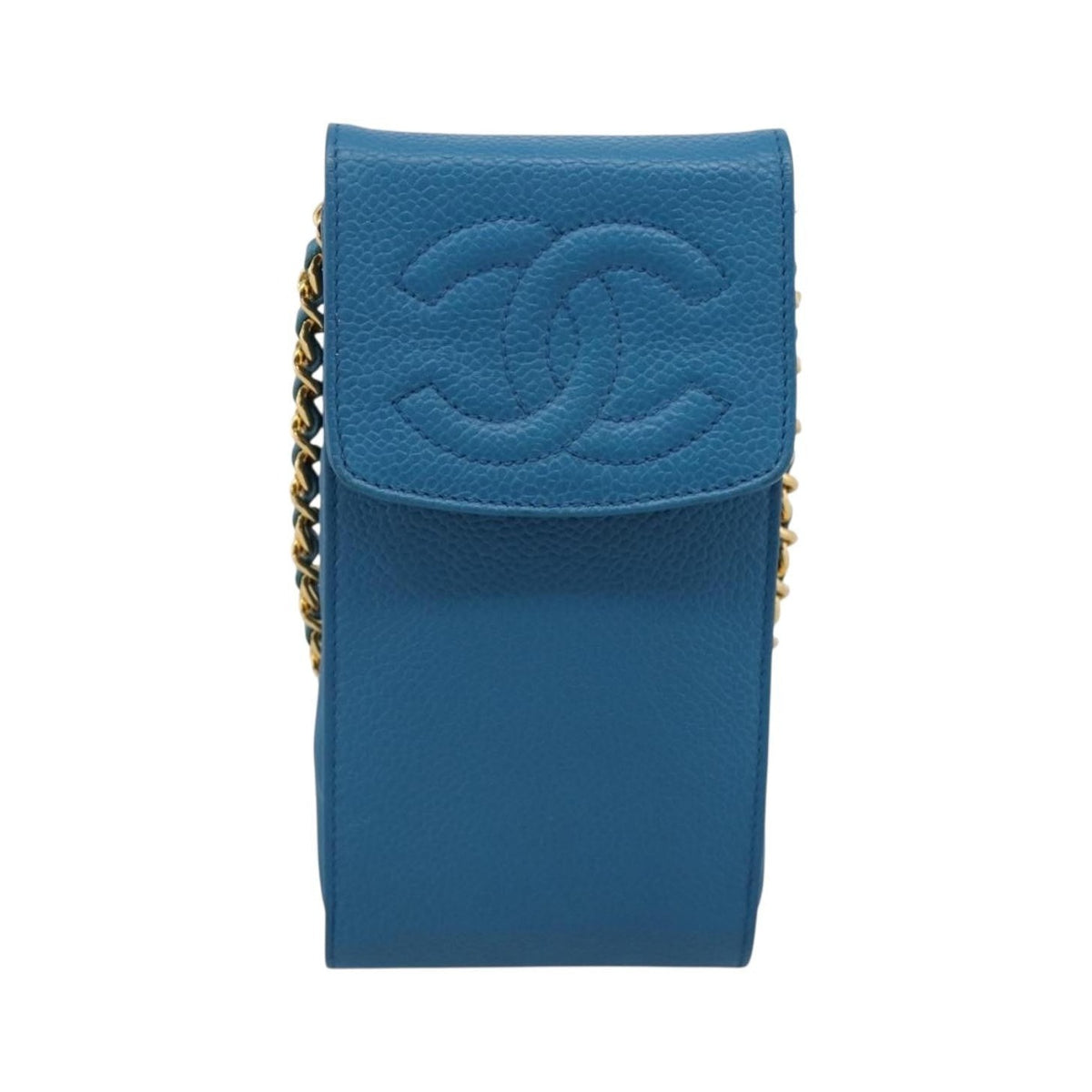Chanel Vintage CC Phone Holder Caviar, Blue, Leather, Clutch