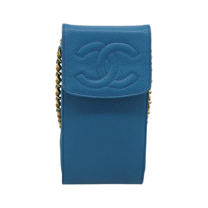 Chanel Vintage CC Phone Holder Caviar, Blue, Leather, Clutch