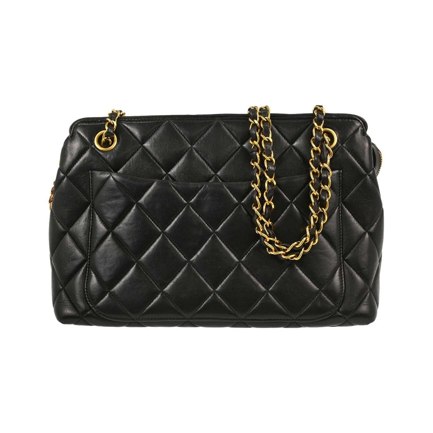 Chanel Vintage Chain Tote Quilted Lambskin, Black, Leather, Tote Bag