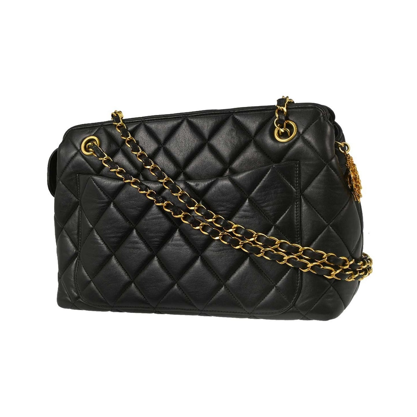 Chanel Vintage Chain Tote Quilted Lambskin, Black, Leather, Tote Bag