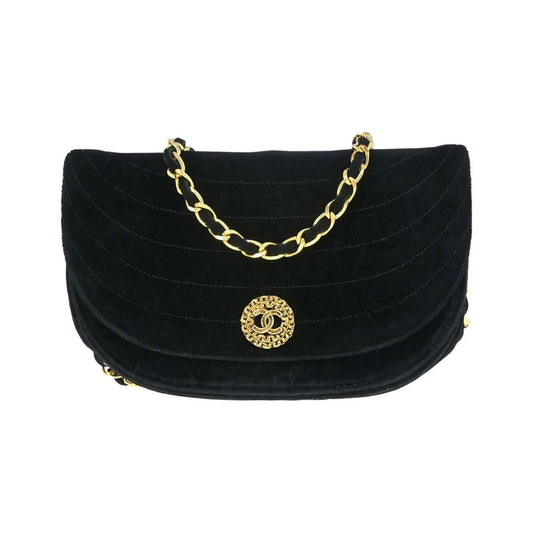 Chanel Vintage Crescent Flap Horizontal Quilted Velvet, Black, Velvet, Shoulder Bag