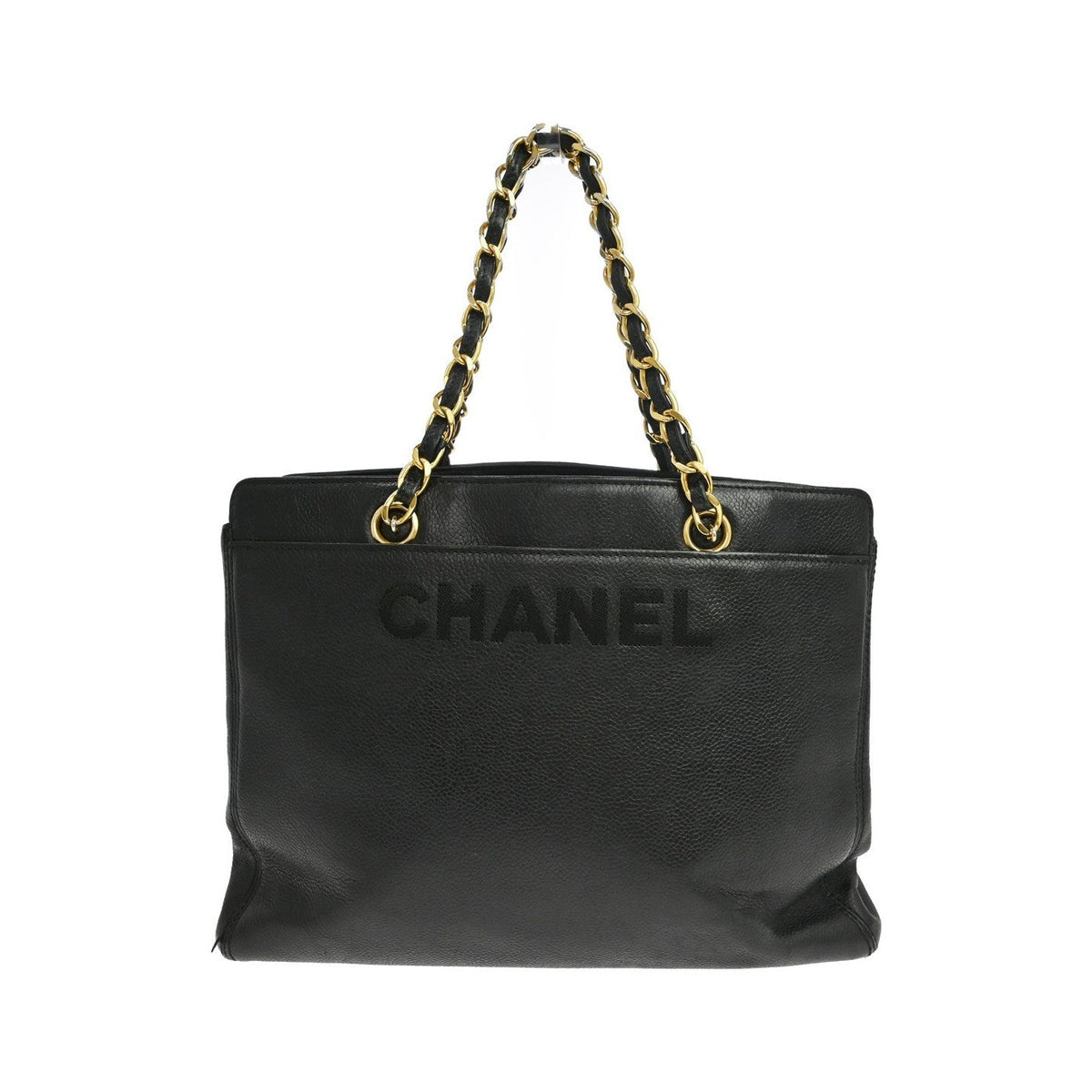 Chanel Vintage Logo Chain Caviar, Black, Leather, Tote Bag