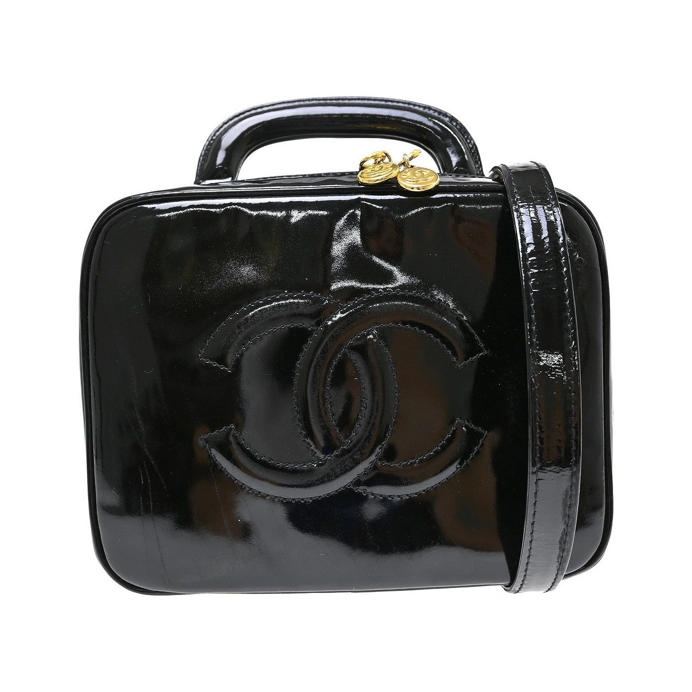 Chanel Vintage Timeless Zip Around Vanity Case Patent, Black, Patent Leather, Handbag