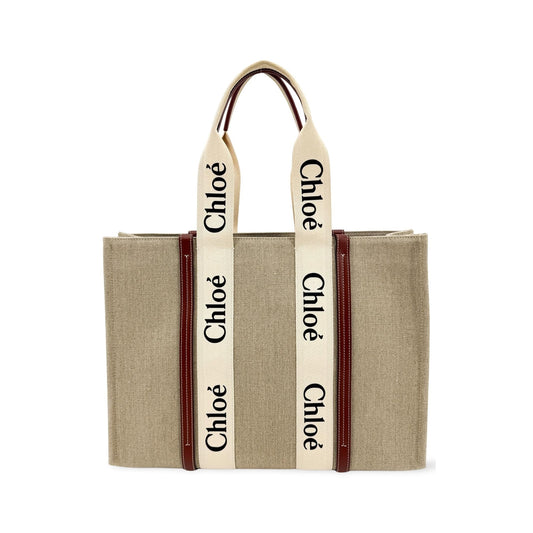 Chloe Woody Canvas with Leather, Brown, Canvas, Tote Bag