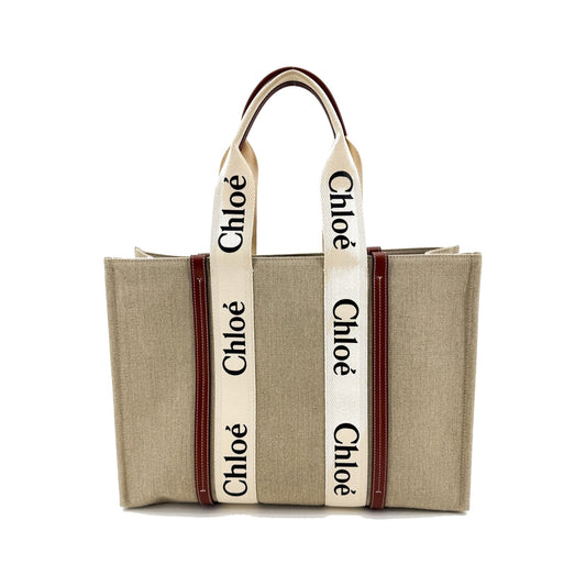 Chloe Woody Canvas with Leather, Brown, Canvas, Tote Bag