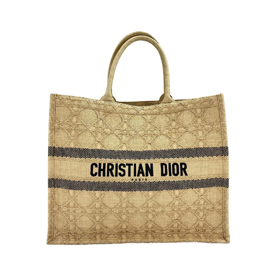 Christian Dior Book Cannage Embroidered Raffia, Beige, Canvas, Tote Bag