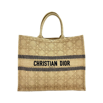 Christian Dior Book Cannage Embroidered Raffia, Beige, Canvas, Tote Bag