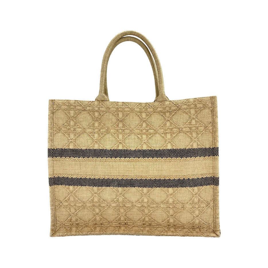 Christian Dior Book Cannage Embroidered Raffia, Beige, Canvas, Tote Bag