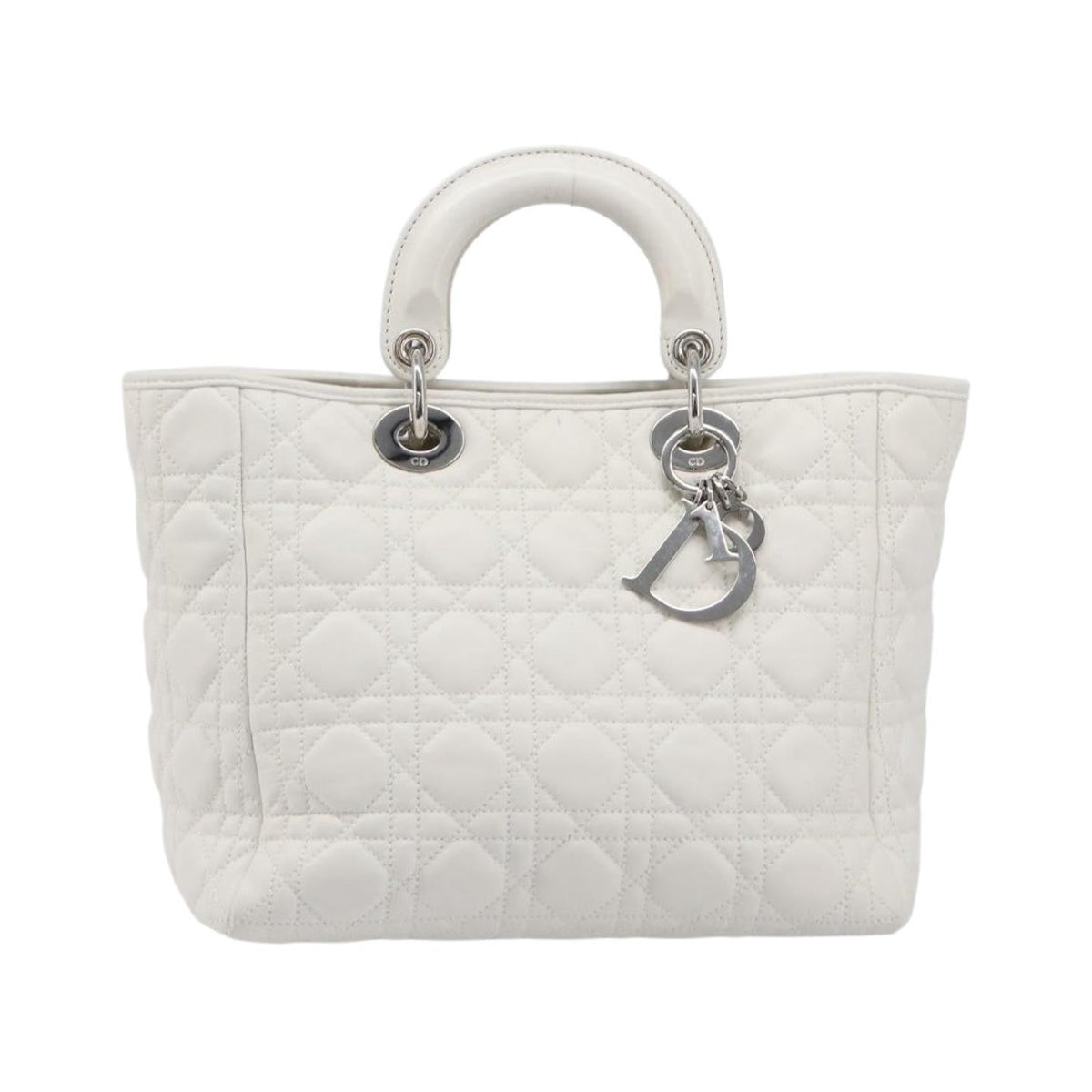Christian Dior Lady Dior Cannage Quilt Lambskin, White, Leather, Handbag