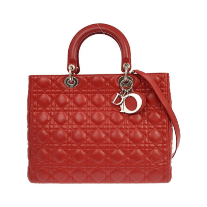 Christian Dior Lady Dior Cannage Quilt Lambskin, Red, Leather, Handbag