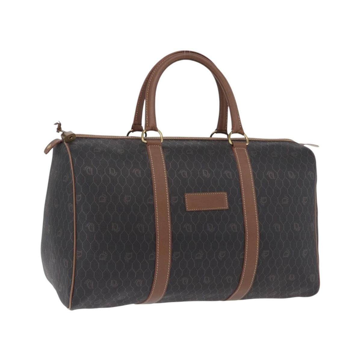 Christian Dior Vintage Honeycomb Boston Canvas and Leather, Black, Canvas, Travel Bag