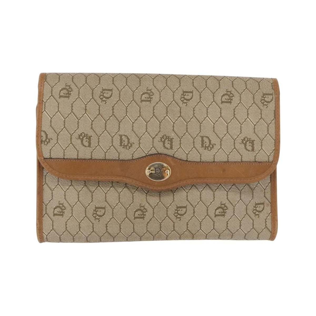 Christian Dior Vintage Honeycomb Zip Coated Canvas, Beige, Canvas, Clutch
