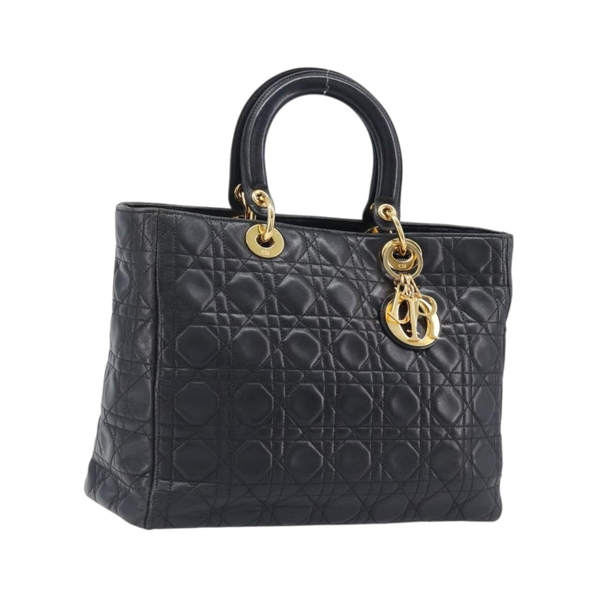Christian Dior Vintage Lady Dior Cannage Quilt Lambskin, Black, Leather, Handbag