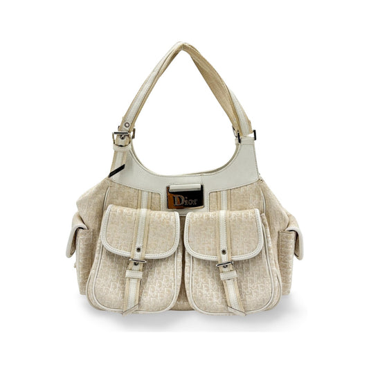 Christian Dior Vintage Trotter Street Chic Pocket Hobo Diorissimo Canvas, White, Canvas, Shoulder Bag