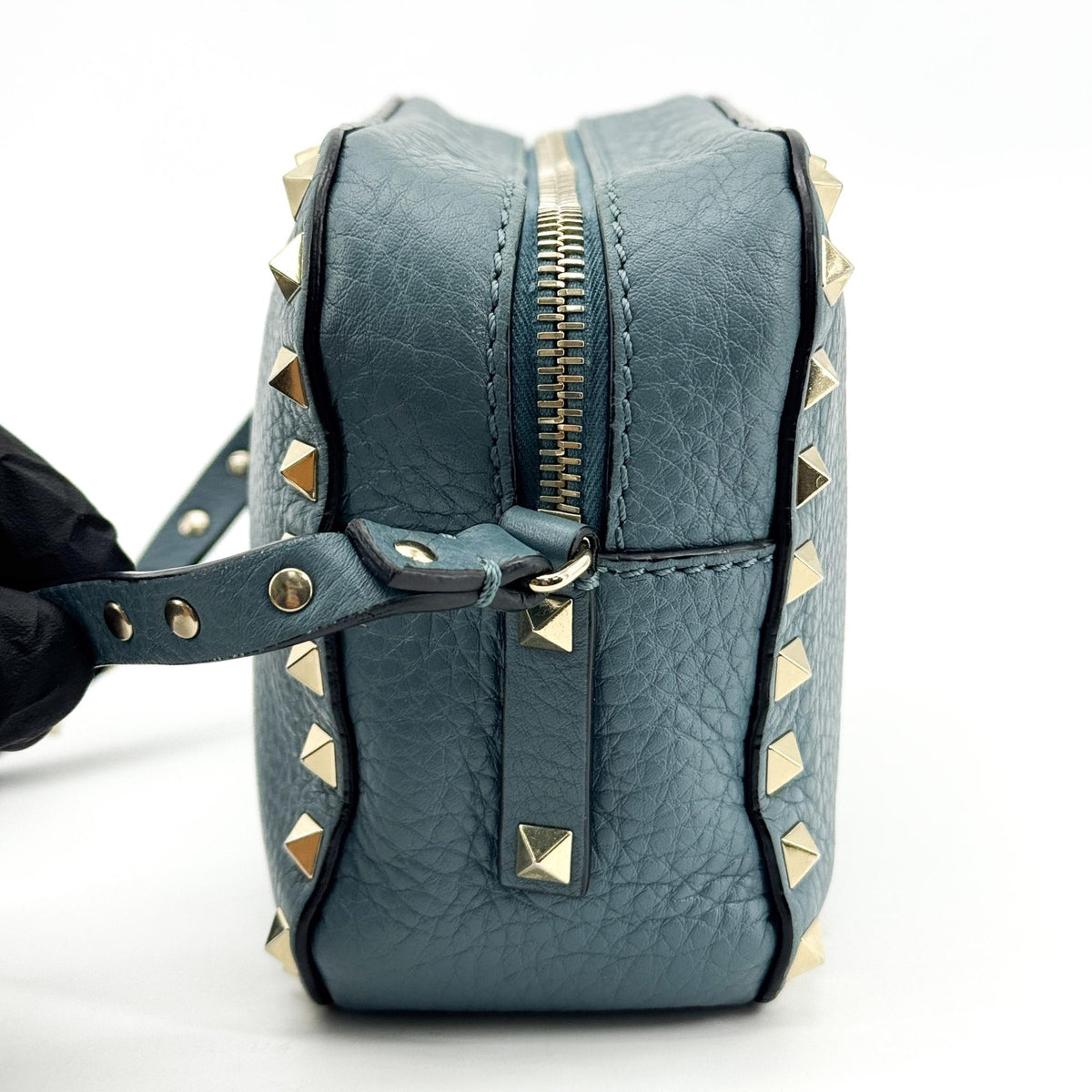 Valentino Garavani Rockstud Camera Leather, Blue, Leather, Crossbody Bag