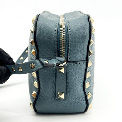 Valentino Garavani Rockstud Camera Leather, Blue, Leather, Crossbody Bag