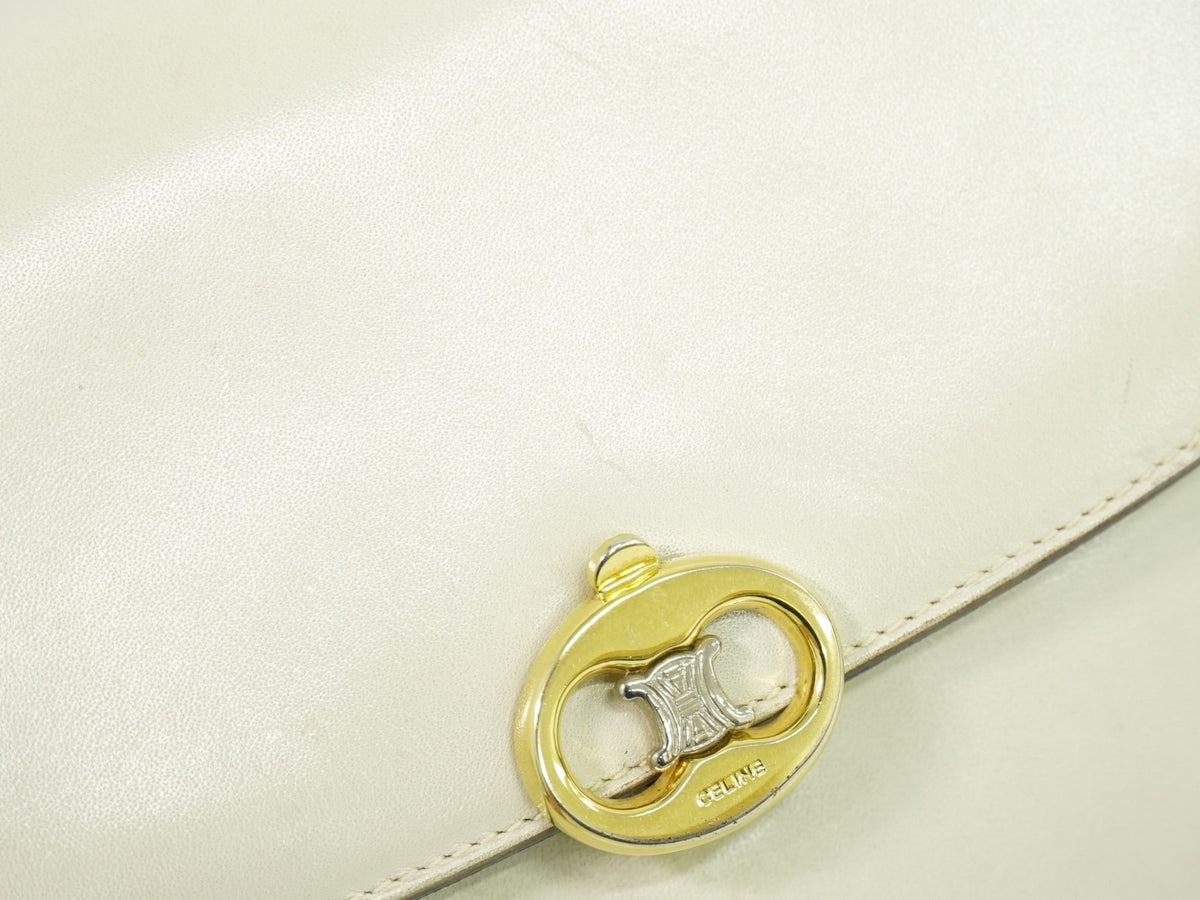 Celine Flap Shoulder Leather, Beige, Leather, Shoulder Bag