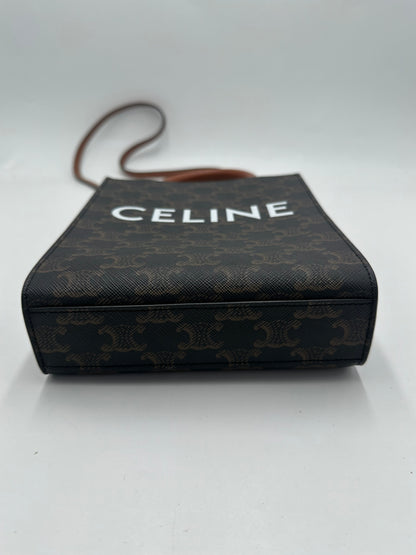 Celine Sulky Vertical Cabas Tote Canvas with Leather, BROWN, LEATHER, Tote bag
