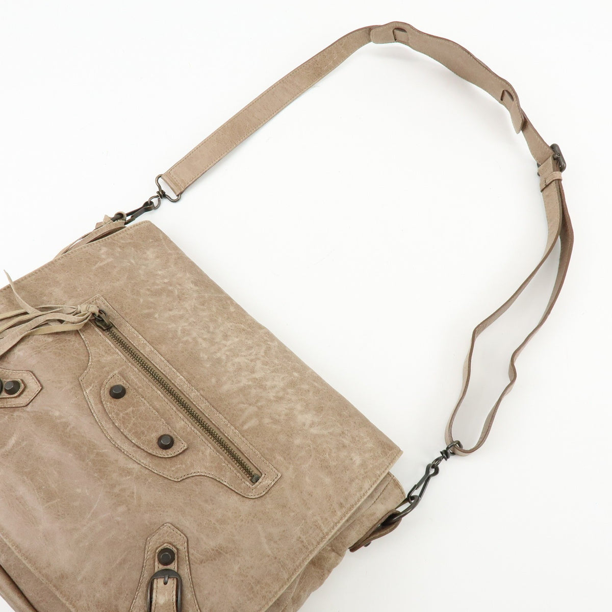 Balenciaga Classic Studs Folk Messenger Leather, Brown, Leather, Crossbody Bag